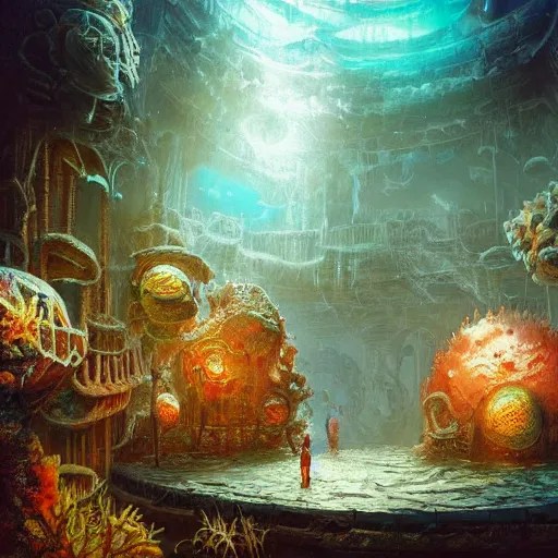 Oil painting of underwater city, creepy fish, coral on Stable