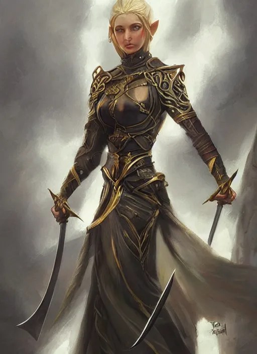 female elf with two swords in her hands, painted by Stable Diffusion