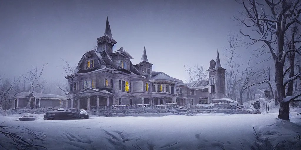 haunted mansion on a snowy hill by simon stalenhag, Stable Diffusion
