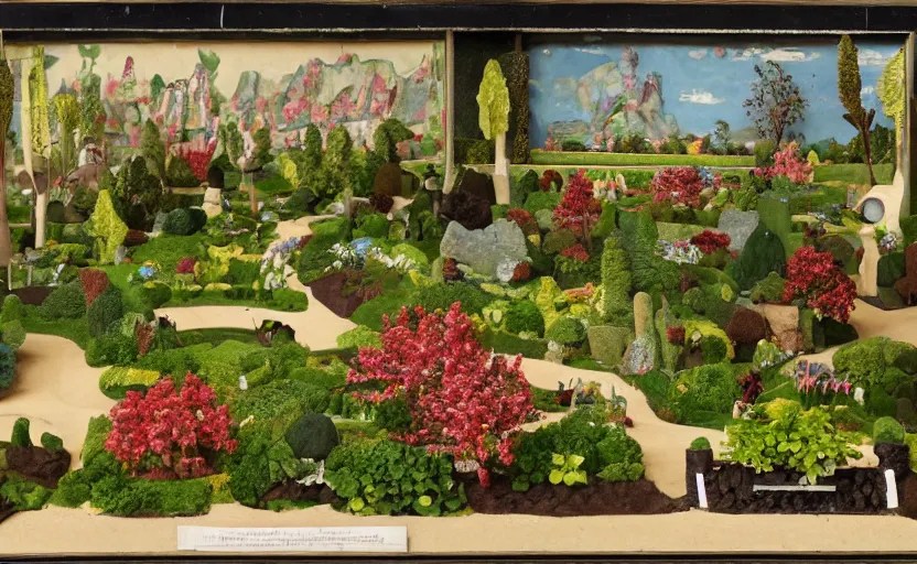 a landscape claymation of a garden in a park, collage, Stable
