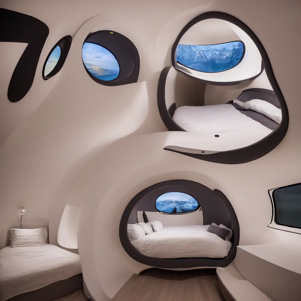 inside cozy luxurious curved sleeppod with wall to Stable Diffusion
