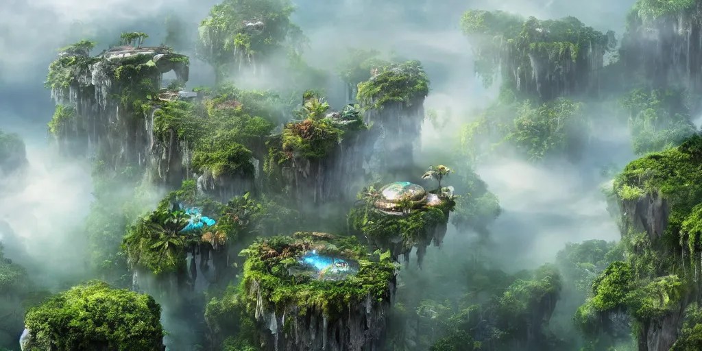 spectacular cinematic aerial view of floating islands Stable Diffusion