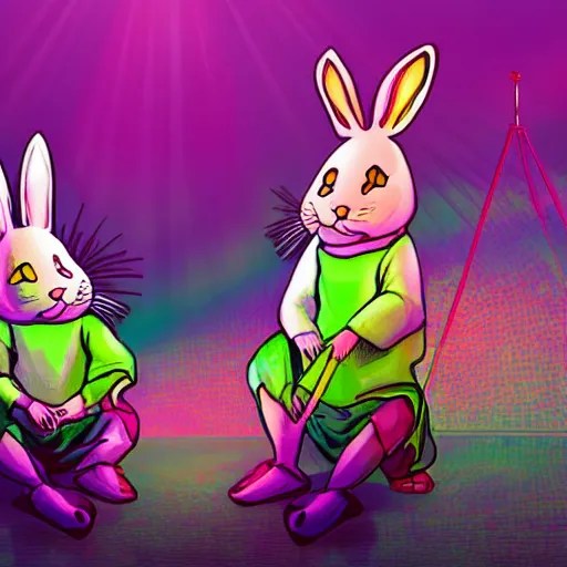 two rabbits laying music on a stage with green and Stable Diffusion