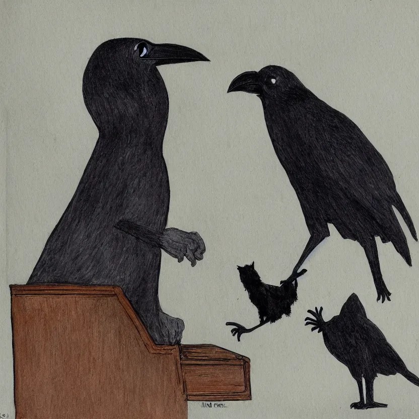 a crow wearing judges robes sentences a cat to death Stable Diffusion