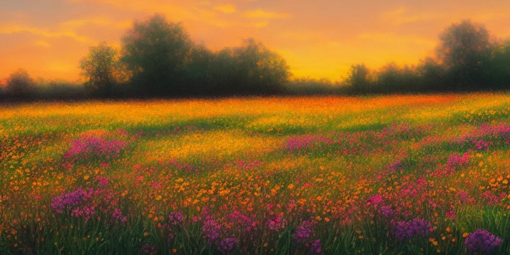 oil painting, landscape, flowers field. golden hour. Stable Diffusion