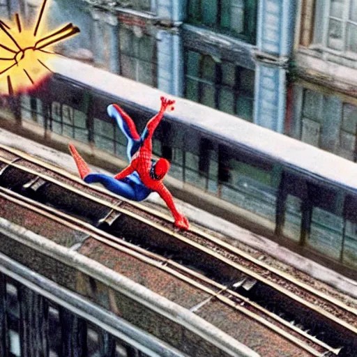 spiderman jumping above a train, movie still, by wes Stable Diffusion
