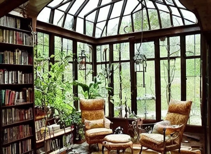 beautiful home library in a glass conservatory, Stable Diffusion