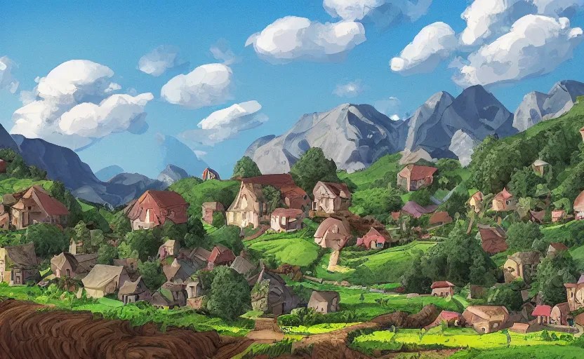 a small village in a valley, villagers busy farming, a Stable Diffusion