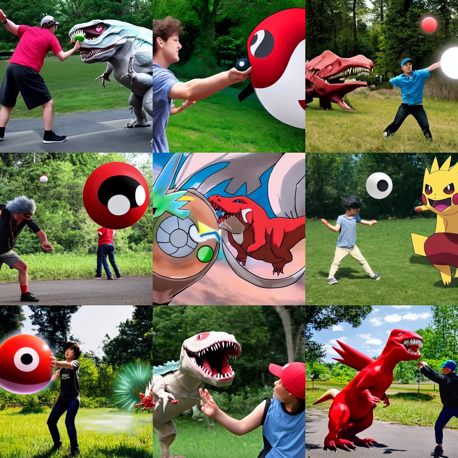 A Pokémon trainer throwing a pokeball at a TRex Stable Diffusion