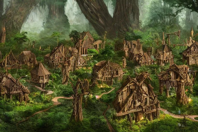 a wood elf village suspended high in the redwood tree Stable Diffusion