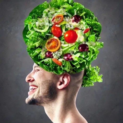 a human with salad as their head, laughing, digital art Stable Diffusion