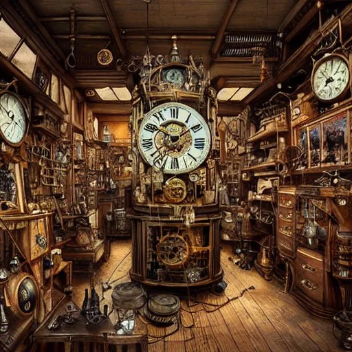 interior of a cluttered steampunk clock shop, father Stable Diffusion