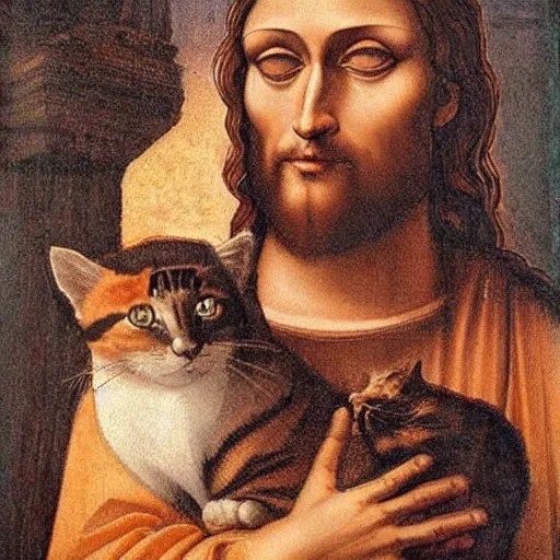 jesus holding a cute cat, big eyes, symetrical faces, Stable