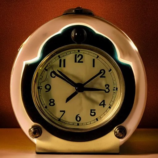 a vintage radium alarm clock at night glowing, photo, Stable Diffusion