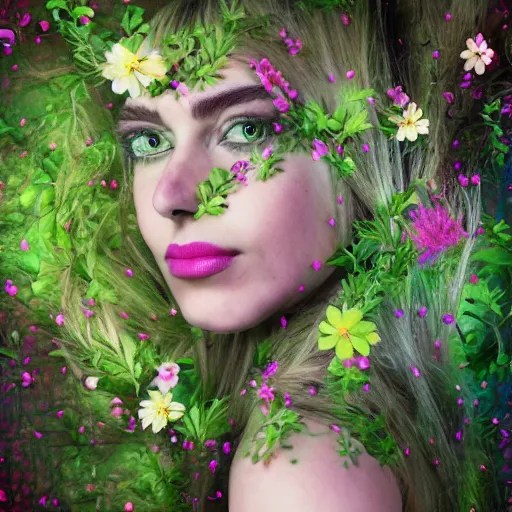 realistic photograph of a woman with flowers growing Stable Diffusion
