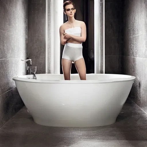 Emma Watson in an ad for bathtubs, white bathroom | Stable Diffusion