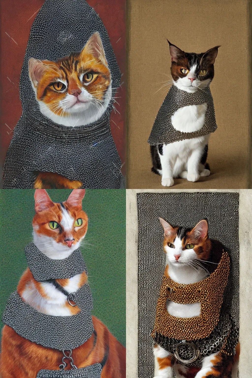 portrait of a calico cat wearing medieval chainmail Stable Diffusion