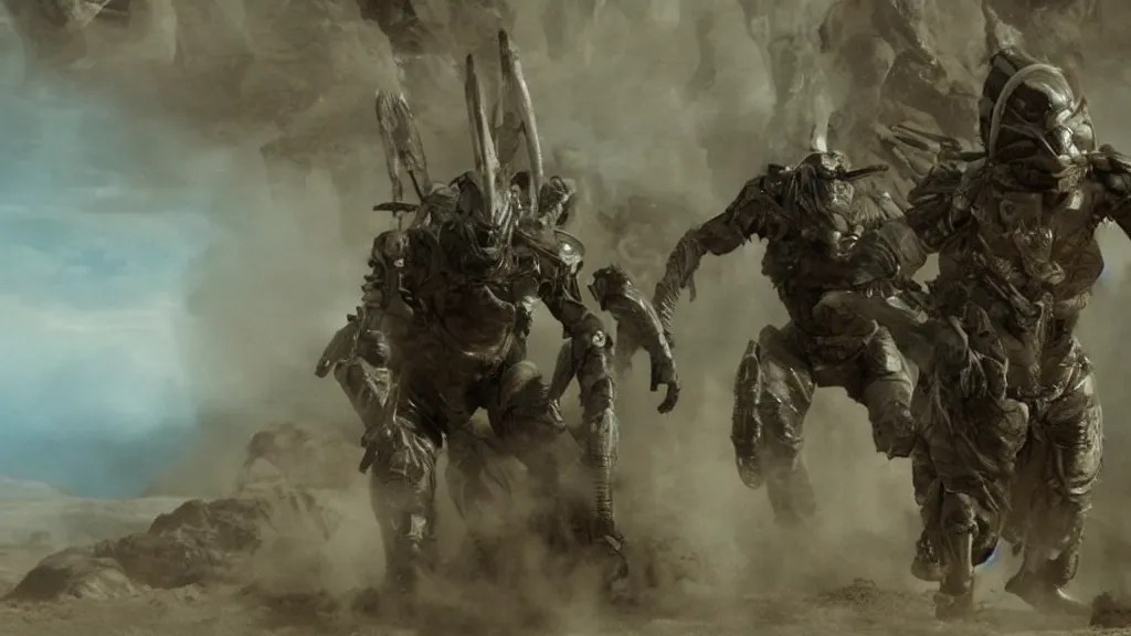 aliens arriving dune, film still from the movie Stable Diffusion