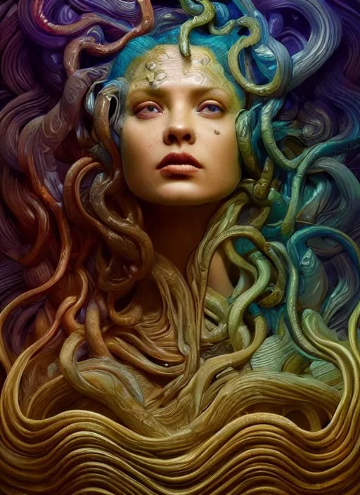 medusa made of wax, wooden art nouveau swirls, strong Stable