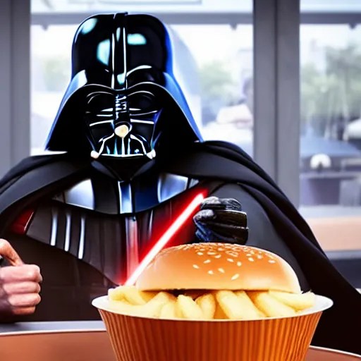 A still of Darth Vader eating at McDonalds, 4k, Stable Diffusion