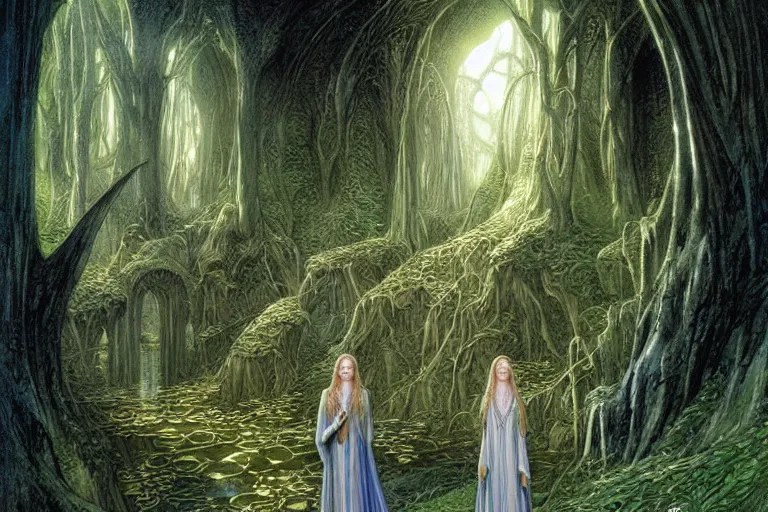 Galadriel in Lothlórien, art by John Howe and Brothers Stable Diffusion OpenArt