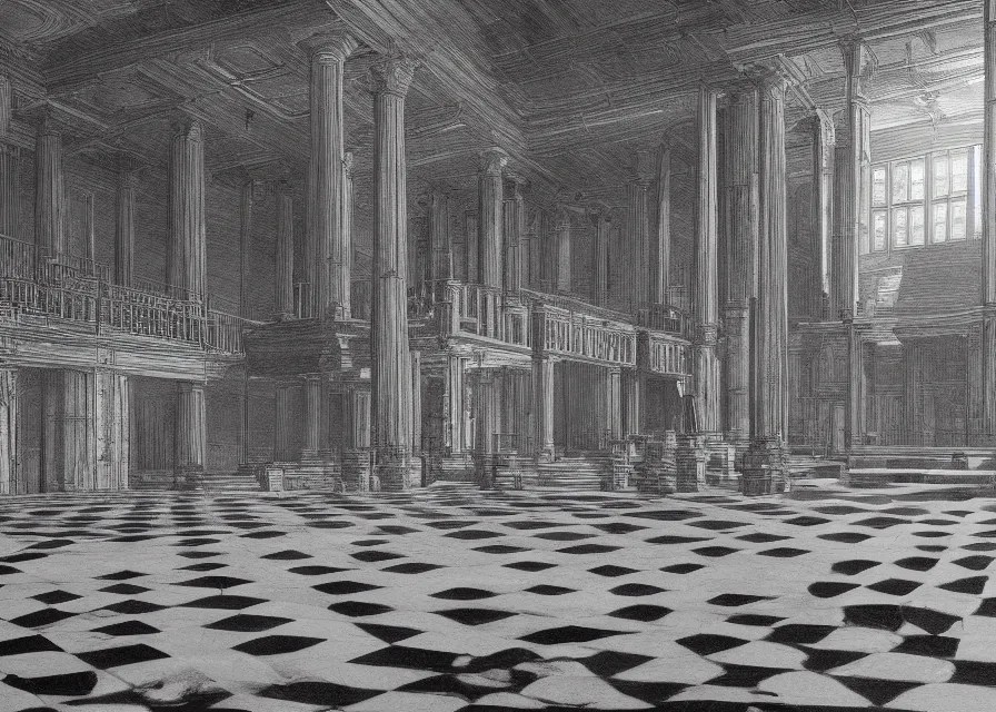 interior of a masonic temple with checkered floor, Stable Diffusion