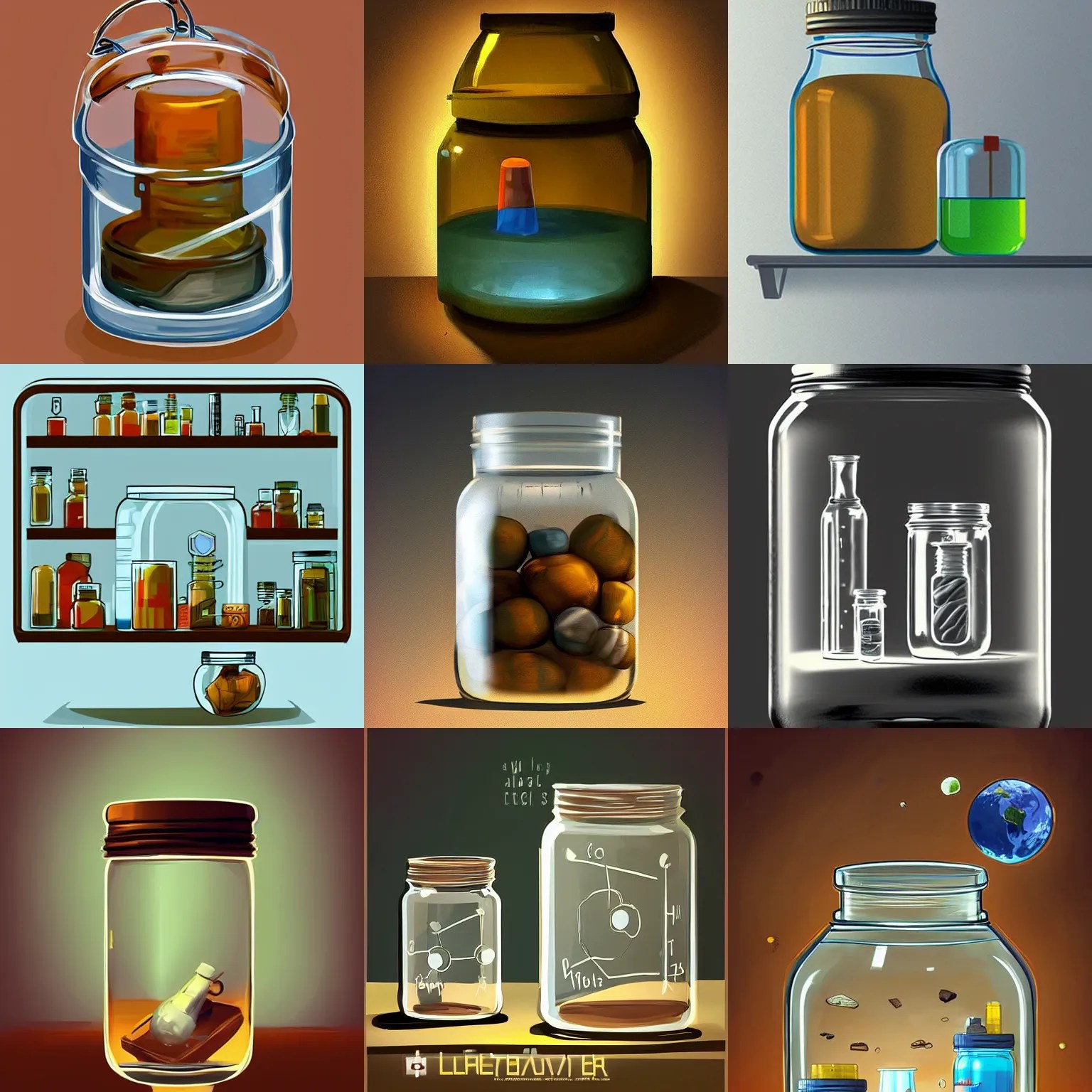 a laboratory, jar on a shelf, inside the jar is a Stable Diffusion