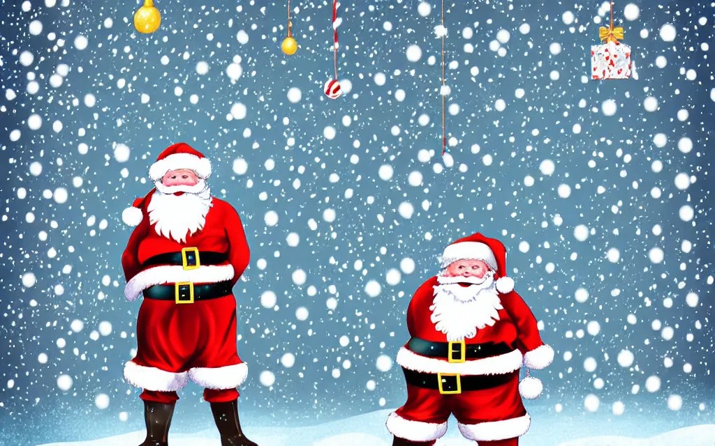 santa claus in front of a christmas tree, snowing out Stable Diffusion