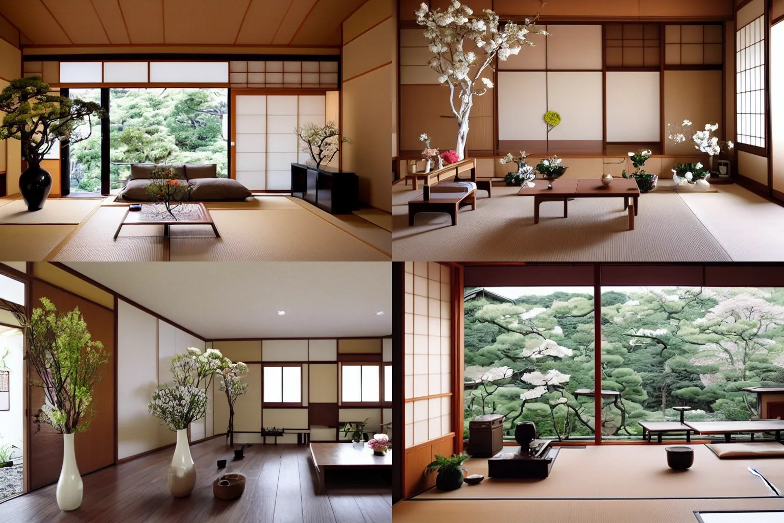 a modern Japanese living room, traditional Japanese Stable Diffusion