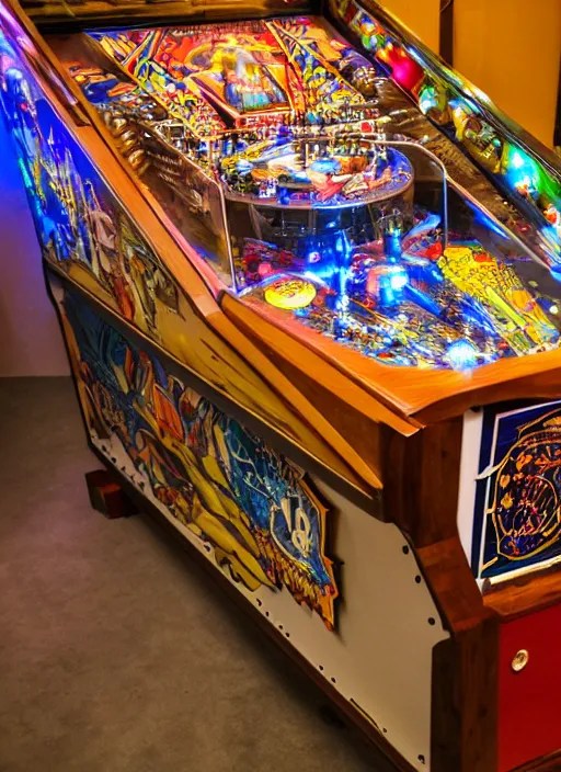 a wide complex fancy wooden pinball machine that has Stable Diffusion