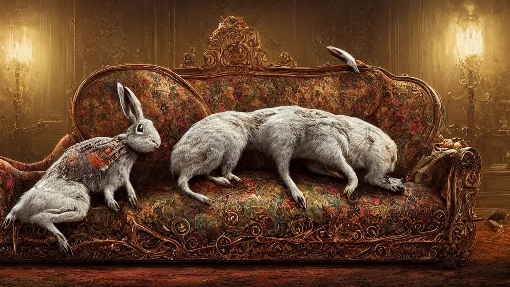 a dead rabbit sitting on an ornate victorian couch Stable Diffusion
