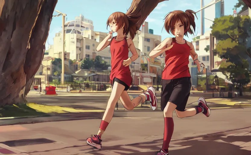 anime style, girl is running, red sport clothing, Stable Diffusion
