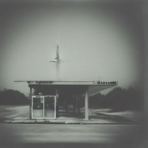 polaroid abandoned gas station, dark moody, foggy, Stable Diffusion