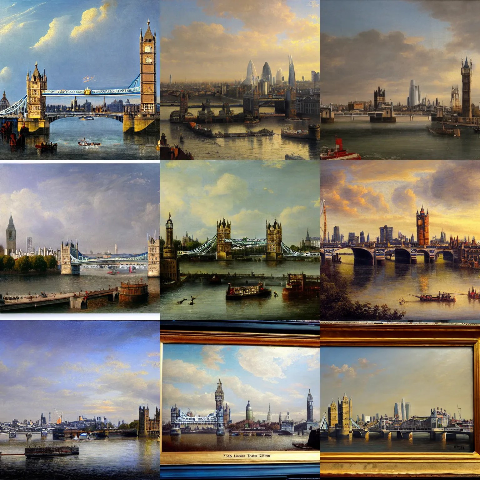 London skyline including Tower Bridge, painting by Stable Diffusion