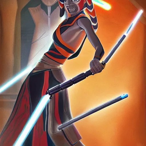 a finely detailed painting of Ahsoka Tano wielding her Stable