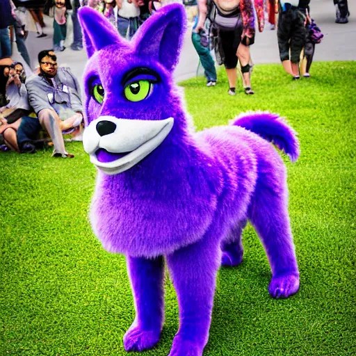 Bust photograph at a furry convention of a purple dog Stable