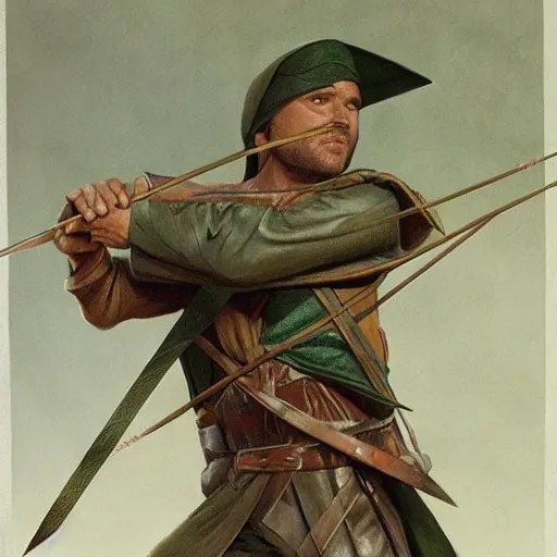 Robin hood closeup, drawing an arrow from his quiver, Stable