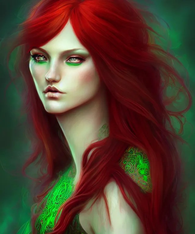 Fae teenage girl, portrait, face, long red hair, green Stable