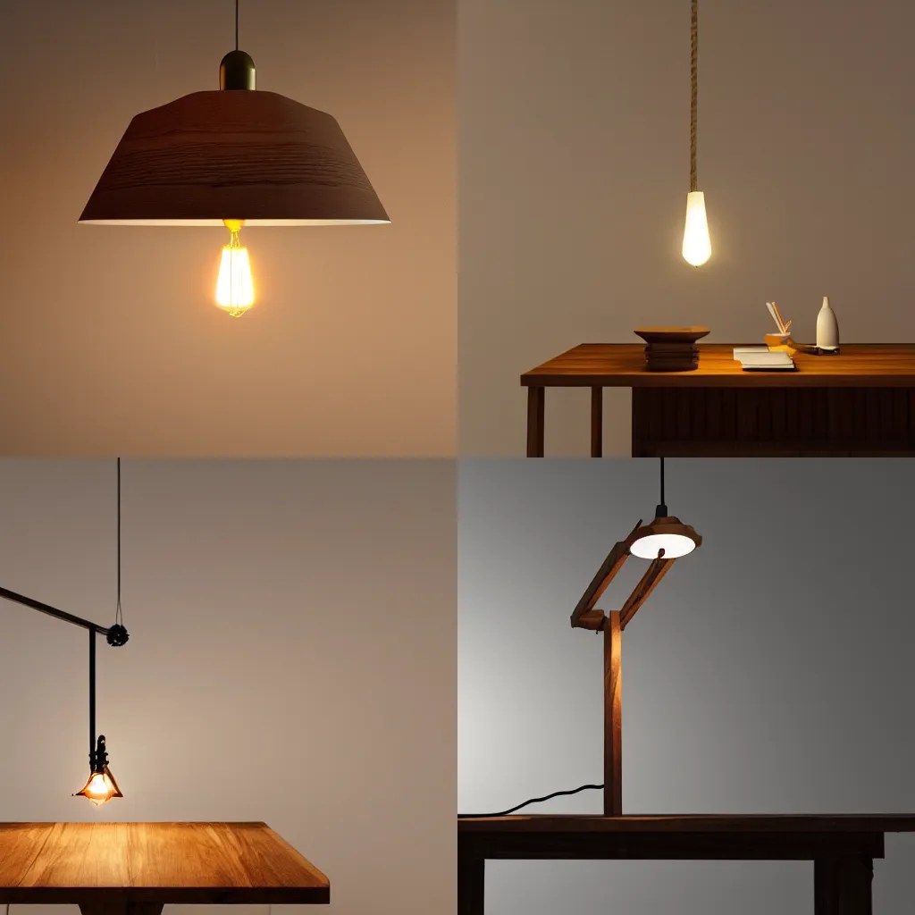 a lamp made from wood hanging over a table, Stable Diffusion OpenArt
