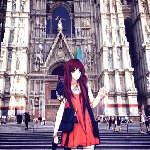 “anime girl in front of the duomo cathedral in Milano, Stable