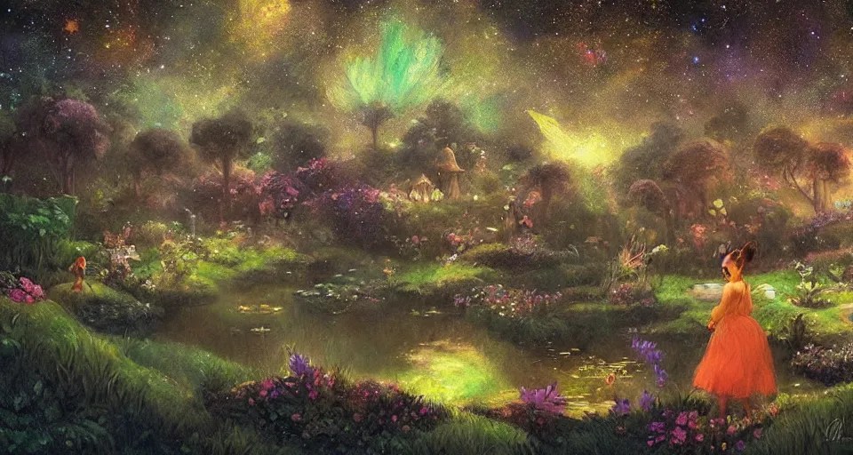 a whimsical fairyland with a pond, starry sky, ambient Stable Diffusion OpenArt