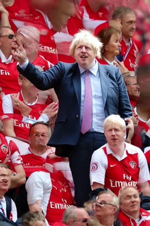 boris johnson in the stadium wearing the red and white Stable