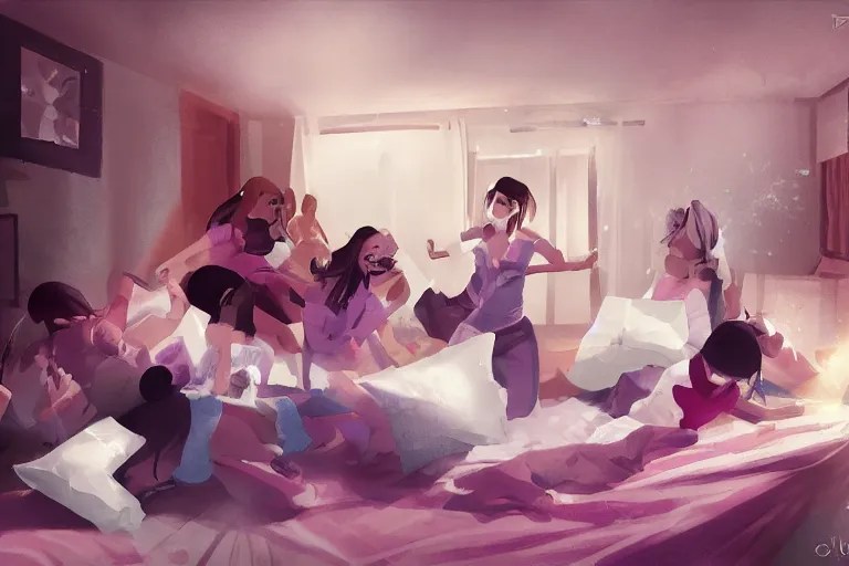 pillow fight in the girls dormitory, concept art, Stable Diffusion