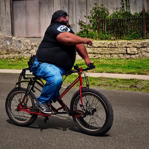 5 0 0 pound man riding a tiny bike, dslr photo, Stable Diffusion