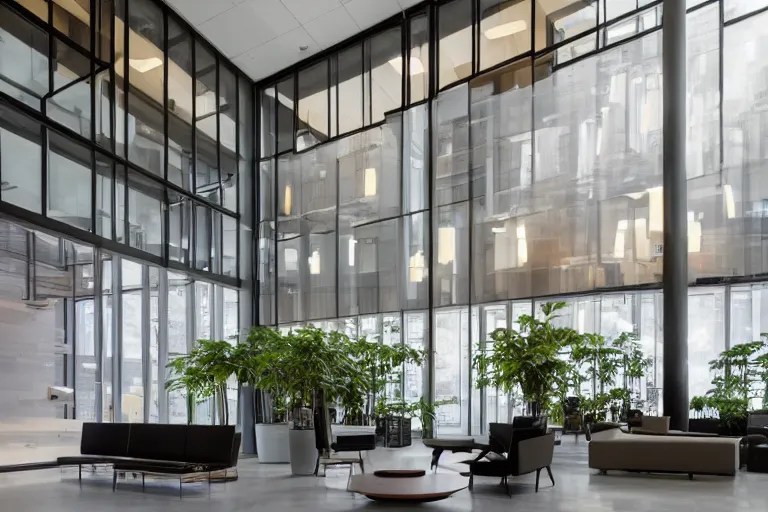 a beautiful office building lobby with sleek modern Stable Diffusion