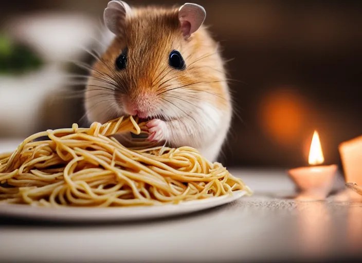 photo of a hamster eating spaghetti, at night, Stable Diffusion OpenArt