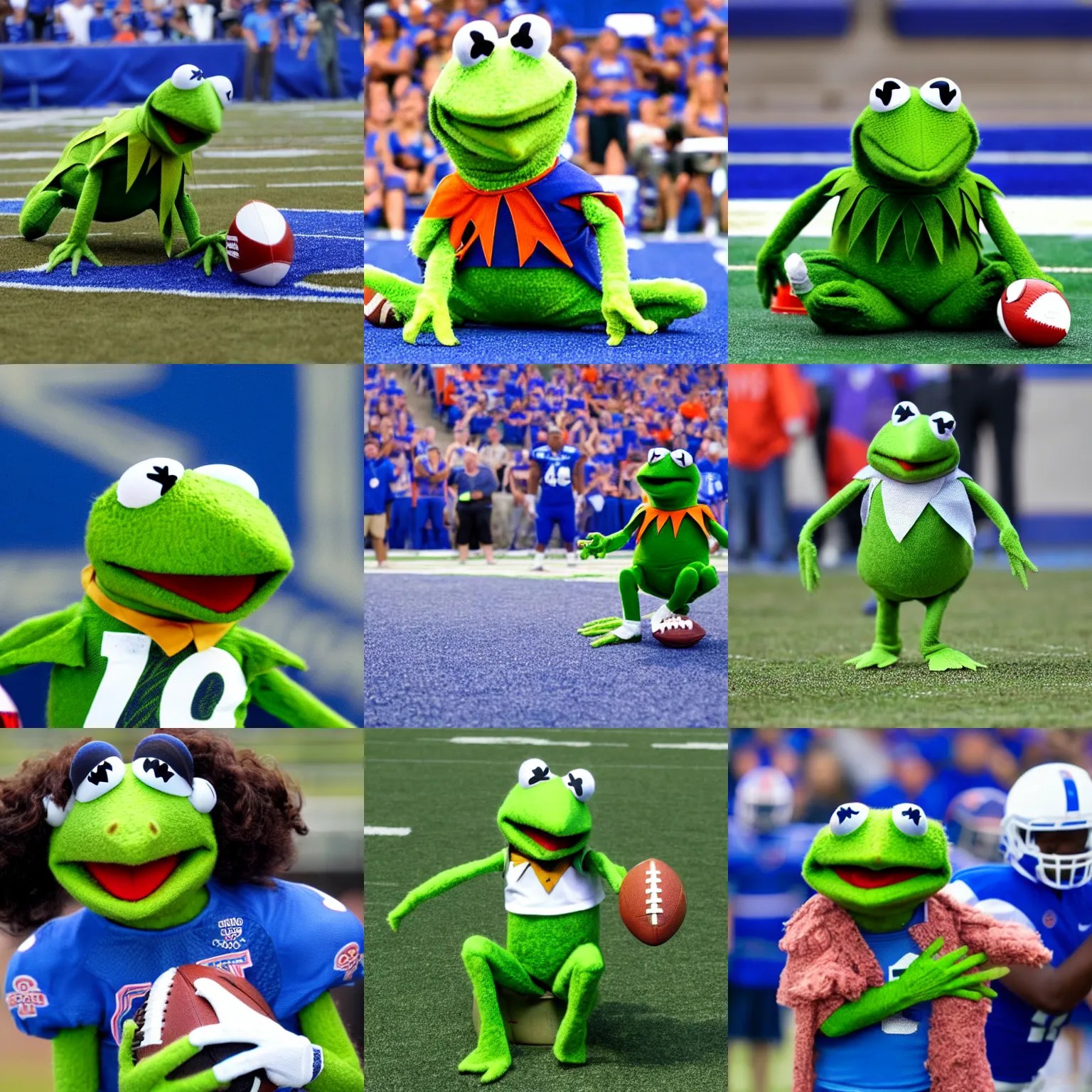 Kermit the frog playing football for boise state Stable Diffusion