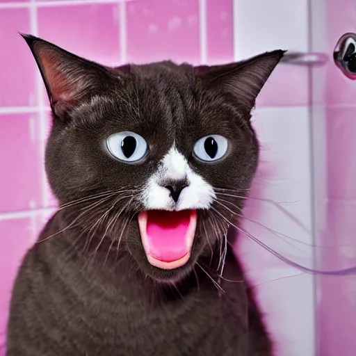 Pink Bingus cat screaming at the shower water Stable Diffusion OpenArt