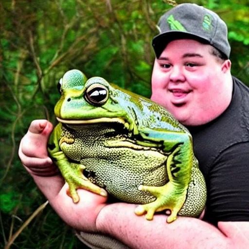 fat man holding worlds largest fat frog which is Stable Diffusion