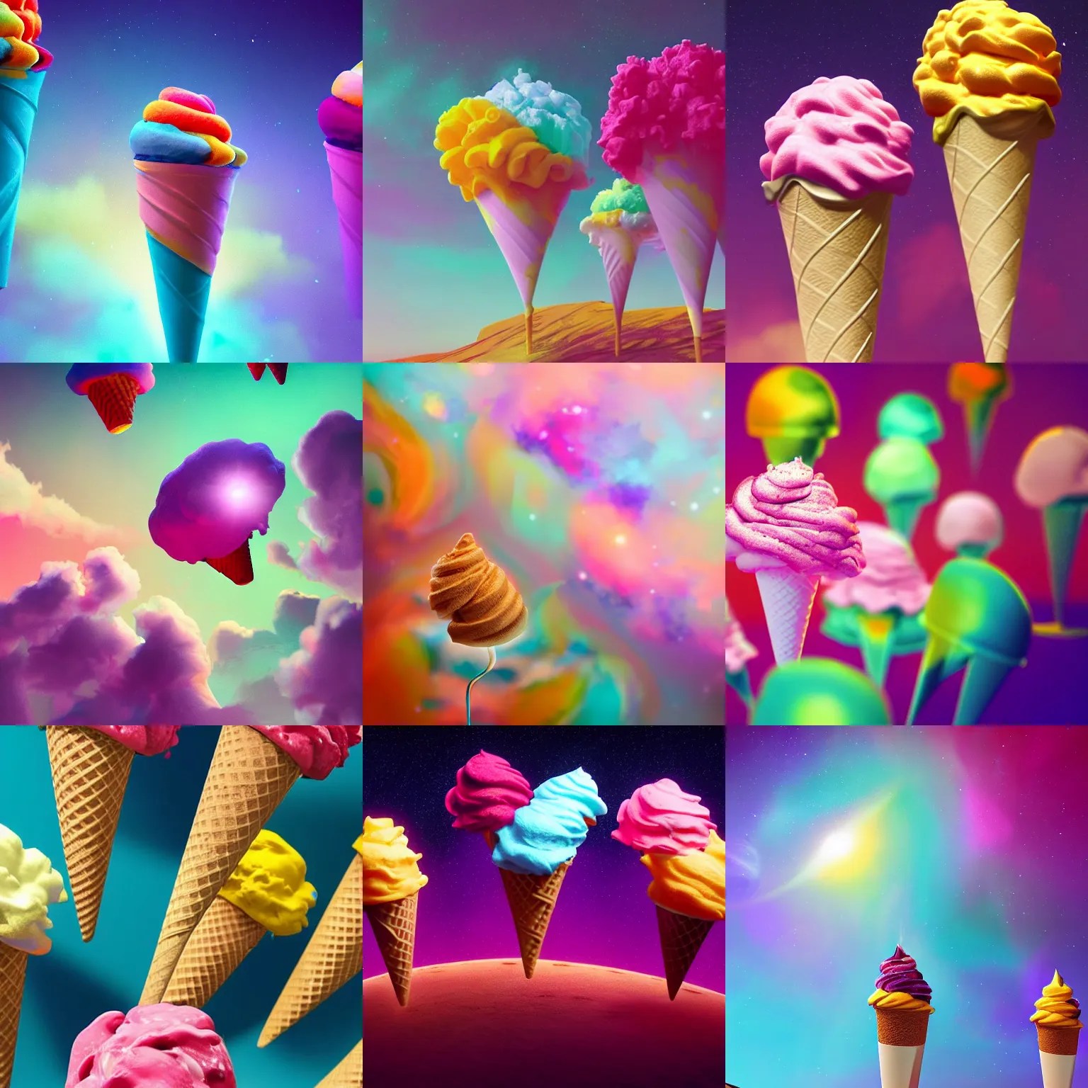 soft serve ice cream cones in a colorful cosmos, Stable Diffusion